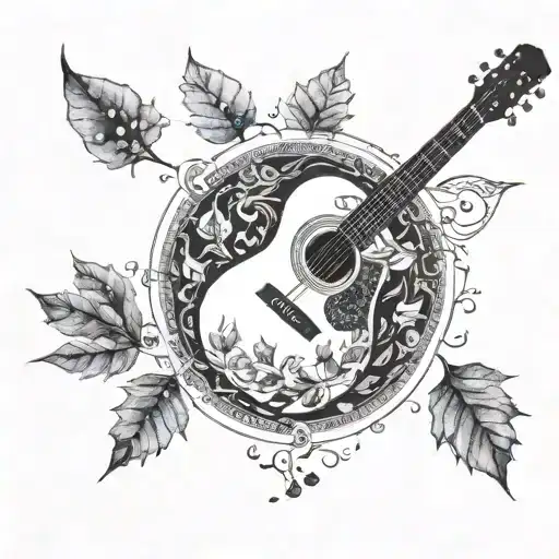 A guitar with intricate lyrics weaving through the strings, surrounded by autumn leaves and coffee beans tattoo design idea