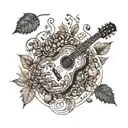 A guitar with intricate lyrics weaving through the strings, surrounded by autumn leaves and coffee beans tattoo design idea