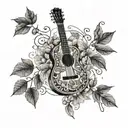 A guitar with intricate lyrics weaving through the strings, surrounded by autumn leaves and coffee beans tattoo design idea