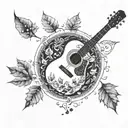 A guitar with intricate lyrics weaving through the strings, surrounded by autumn leaves and coffee beans tattoo design idea