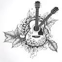 A guitar with intricate lyrics weaving through the strings, surrounded by autumn leaves and coffee beans tattoo design idea