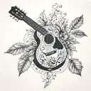 A guitar with intricate lyrics weaving through the strings, surrounded by autumn leaves and coffee beans tattoo design idea