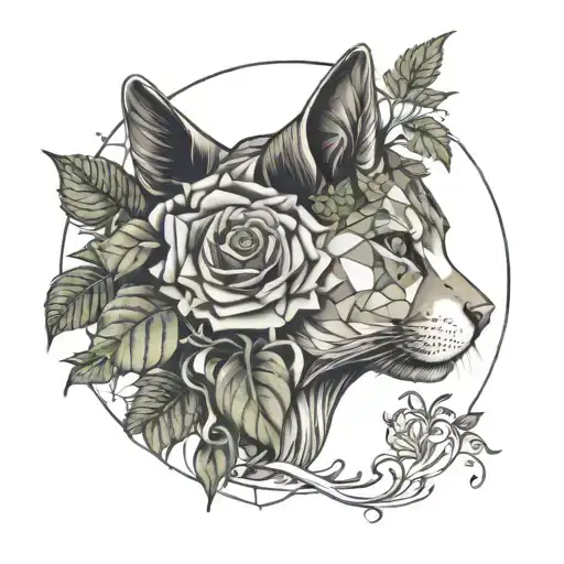 sister, cat, dog, rose, ivy leaf intertwined tattoo design idea