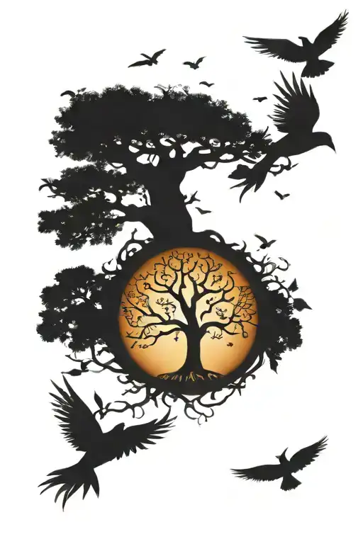 spine tattoo going down spine like picture with center being the tree of life. while also incorporating birds, butterfli tattoo design idea