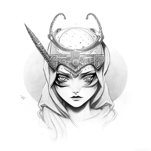 a girl with a aureola in the back, fantasy medieval style tattoo design idea