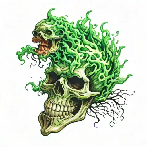 screaming skull in green flames left arm tattoo design idea