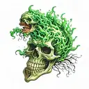 screaming skull in green flames left arm tattoo design idea