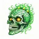 screaming skull in green flames left arm tattoo design idea
