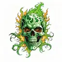 screaming skull in green flames left arm tattoo design idea