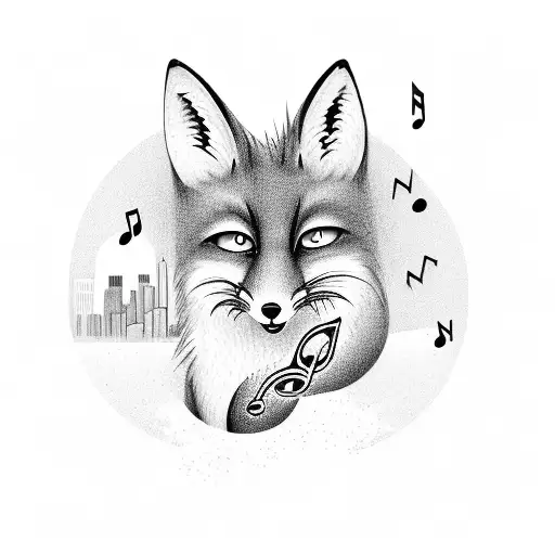 A musical note transforming into a fox with Chicago cityscape in the background in a black-grey style tattoo design idea