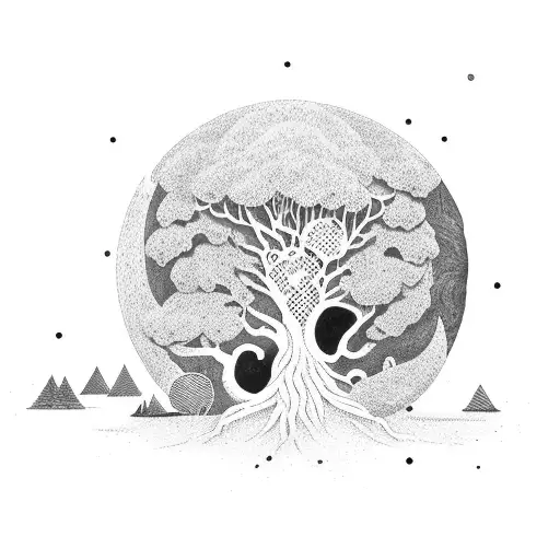 Moonlit warrior scaling a giant tree tattoo design idea