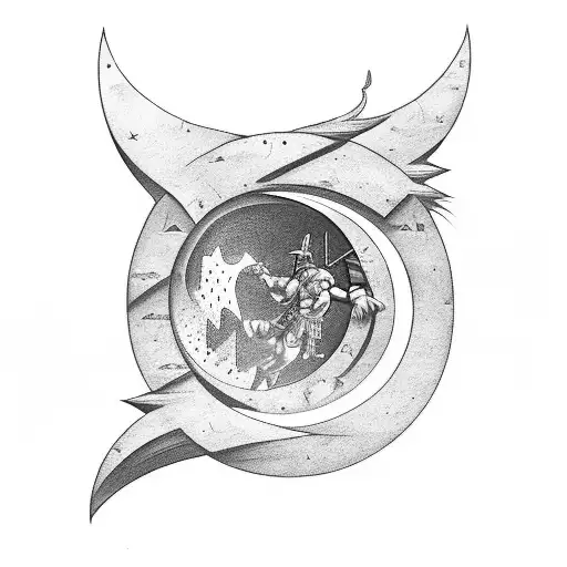 A black and grey tattoo depicting a warrior scaling a vertical cliff with a crescent moon in the background tattoo design idea