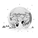 Moonlit warrior scaling a giant tree tattoo design idea