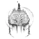 Moonlit warrior scaling a giant tree tattoo design idea