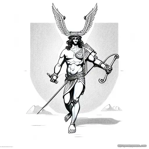 Greek God Hermes with staff short hair, full body tattoo design idea