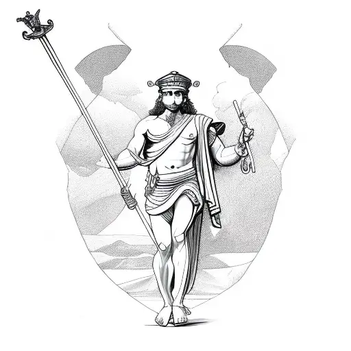 Greek God Hermes with staff, full body tattoo design idea