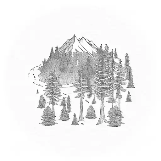 mountain trail with redwood trees and water flowing completing a circle tattoo design idea