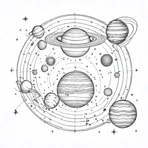 solar system with detailed planets and stars tattoo design idea