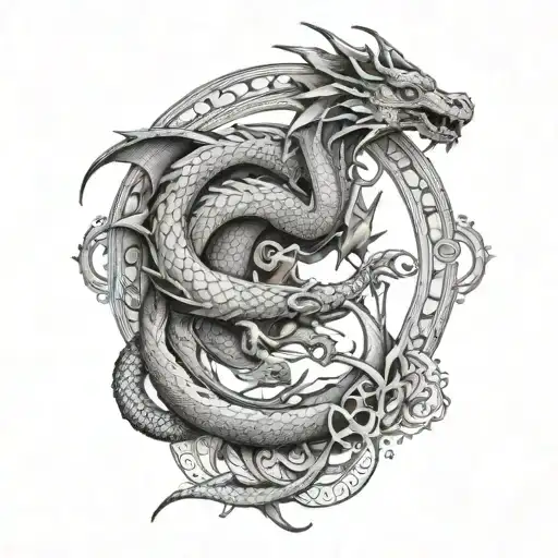 A mythological-themed Ouroboros featuring dragons and mythical creatures tattoo design idea