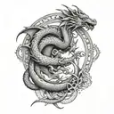 A mythological-themed Ouroboros featuring dragons and mythical creatures tattoo design idea