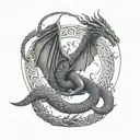 A mythological-themed Ouroboros featuring dragons and mythical creatures tattoo design idea