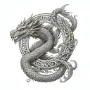 A mythological-themed Ouroboros featuring dragons and mythical creatures tattoo design idea