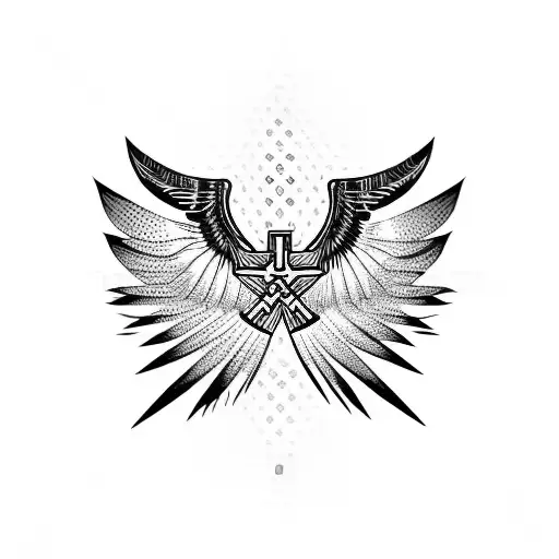 Hawk with outstretched wings and a Christian cross tattoo design idea