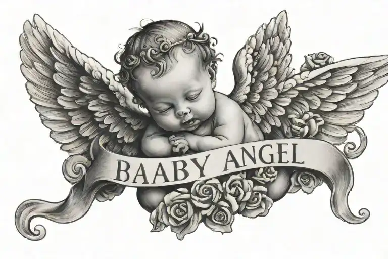 baby angel with jessica name written inside tattoo design idea