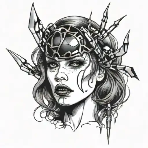 black widow and lips drawn tattoo design idea