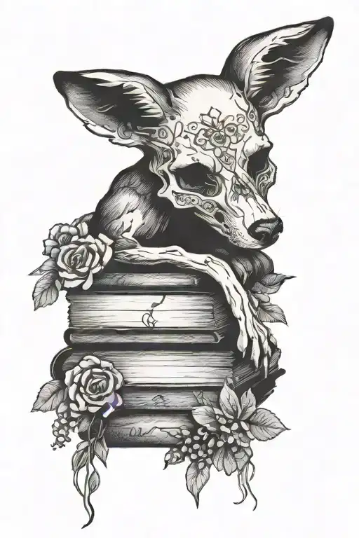 Fox Skull sitting on books with wild flowers tattoo design idea
