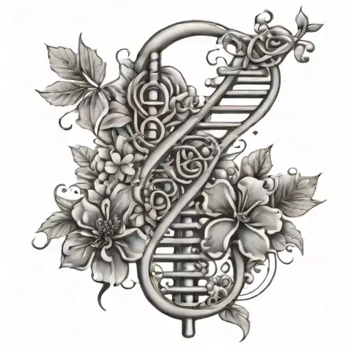 Dna strang in helix form,rechter strang lebendig ,linker strang brüchig und tot, verziert mit blumen und blättern tattoo design idea