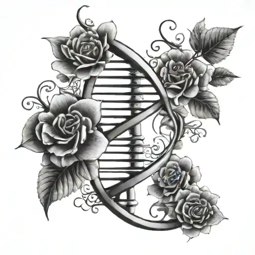 Dna strang in helix form,rechter strang lebendig ,linker strang brüchig finster verziert mit blumen und blättern tattoo design idea