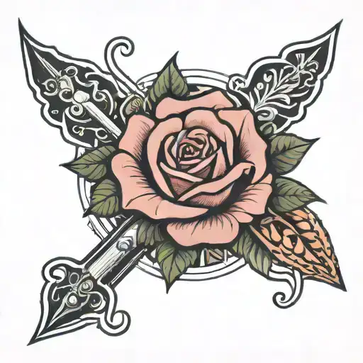 rose with trident and traditional pattern with letters S G A tattoo design idea