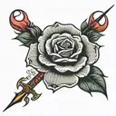 rose with trident and traditional pattern with letters S G A tattoo design idea