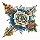 rose with trident and traditional pattern with letters S G A tattoo design idea