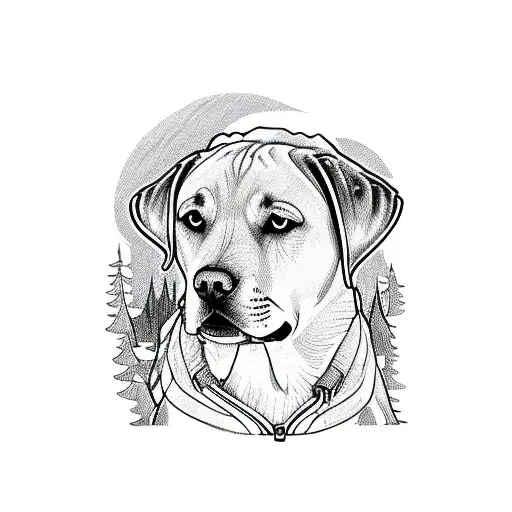 Labrador in the woods with a man  tattoo design idea