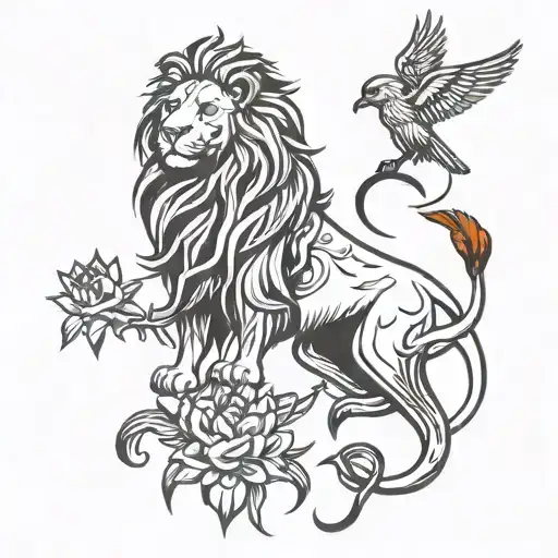 lion of Judah surrounded by huming birds side tattoo design idea