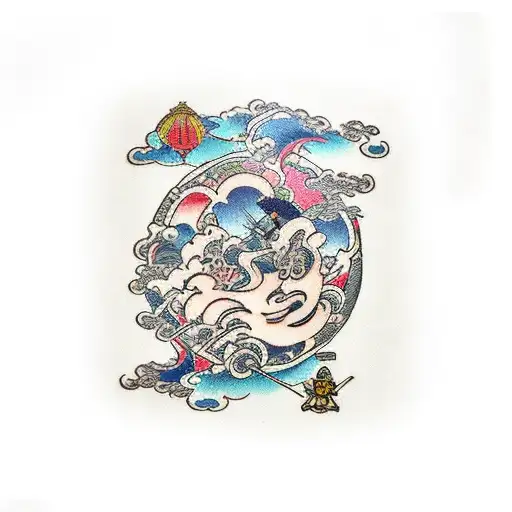 A traditional Japanese sleeve tattoo depicting iconic scenes from beloved anime and manga series tattoo design idea