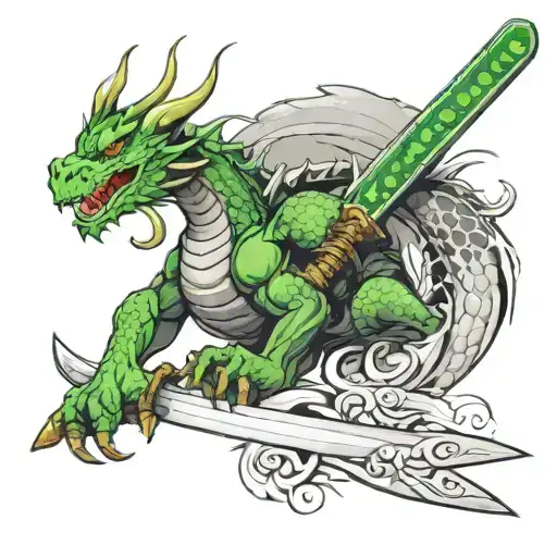 Green Dragon with black horns wrapped itself Big katana blade tattoo design idea
