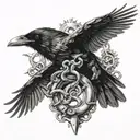 Raven flying with a broken chain tattoo design idea