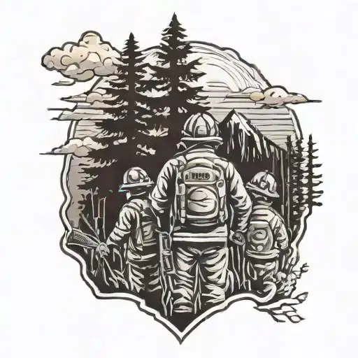 dad, firefighter, two sons, outdoors mountains trees tattoo design idea