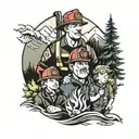 dad, firefighter, two sons, outdoors mountains trees tattoo design idea