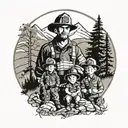 dad, firefighter, two sons, outdoors mountains trees tattoo design idea