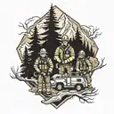 dad, firefighter, two sons, outdoors mountains trees tattoo design idea