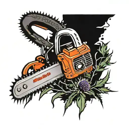a chainsaw framed by nails and thistles running tattoo design idea