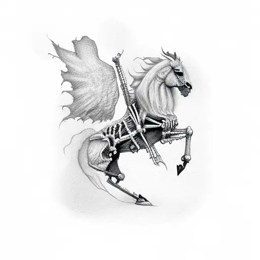Skeletal Prancing Pony ; Flying text above saying PONI 2023, flying text below saying Doom and Gloom  tattoo design idea