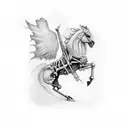 Skeletal Prancing Pony ; Flying text above saying PONI 2023, flying text below saying Doom and Gloom  tattoo design idea
