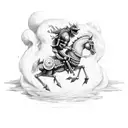 Skeletal Prancing Pony ; Flying text above saying PONI 2023, flying text below saying Doom and Gloom  tattoo design idea