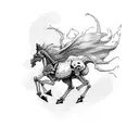 Skeletal Prancing Pony ; Flying text above saying PONI 2023, flying text below saying Doom and Gloom  tattoo design idea