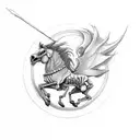 Skeletal Prancing Pony ; Flying text above saying PONI 2023, flying text below saying Doom and Gloom  tattoo design idea